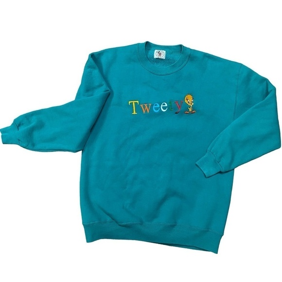 VTG Disney Turquoise Tweety Spell Out Crewneck Sweatshirt Size M/L - Picture 1 of 5